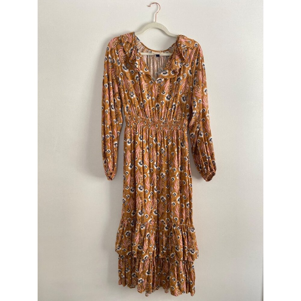 Universal Thread XS Floral Long-Sleeve Smocked Waist Midi Dress in Mustard